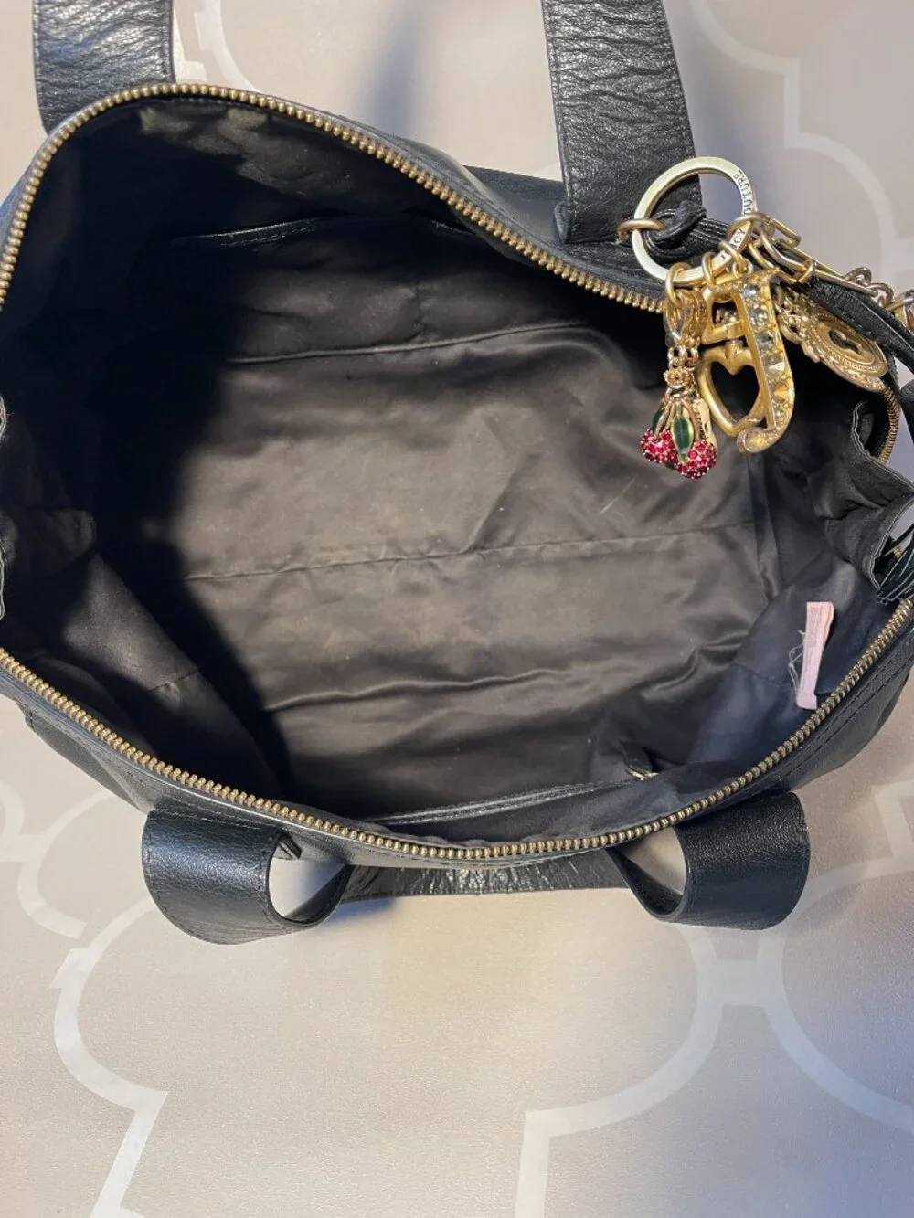 Juicy Couture Y2K Black Leather Bowling Shoulder Bag Tassel Logo Purse